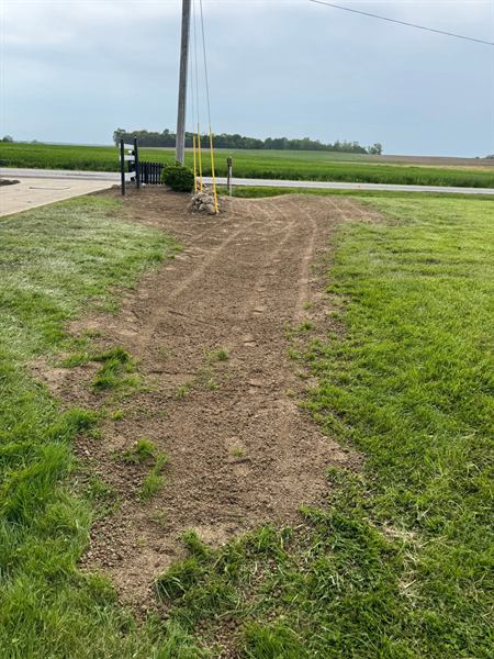 A graded and seeded strip along a driveway with a utility pole.